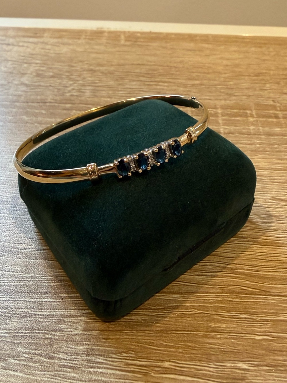 14K Yellow Gold Vintage Hinged Bangle with Sapphire and Diamond Accents